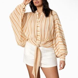 Anthropologie Striped Tie-Front Blouse Bohemian Oversized Cream and Brown Size L